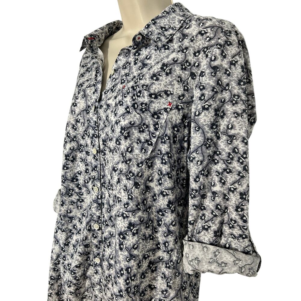 J Jill Women's Medium Navy Floral Print Button Down w/ Red Stitching Cotton XC!!